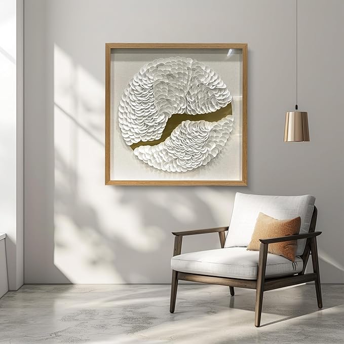 BrightA White Leather Wall Art Wall Sculpture Eclectic Decor Handcrafted Layered Texture with Wooden Shadow Frame Acrylic Protected Modern Abstract Decor for Living Room/Gallery 31.5"x31.5"