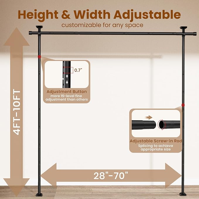 Bonpally Room Divider Curtain Rod, No Drilling Room Separator for Space Partition, 4-10ft (H) 28-70 inch(W) Adjustable Heavy Duty Temporary Wall Divider Floor to Ceiling Tension Rod, Black