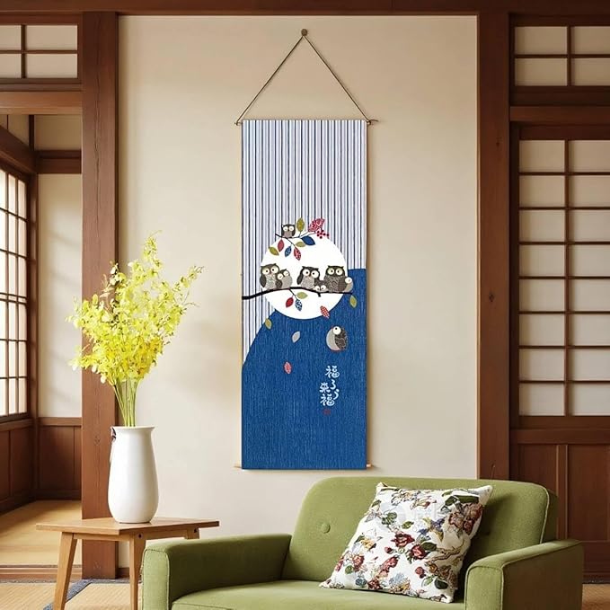 Japanese Tapestry Wall Art Scroll - Feng Shui & Lucky Symbols | W15.7xH47.2", Extra Long Vertical Hanging Decor for Bedroom, Living Room, Office | (Owl) CTT-128