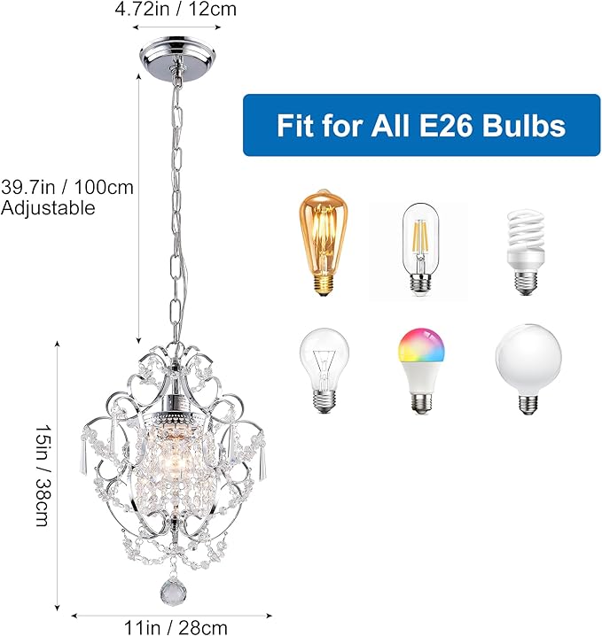 Mini Chandelier Light Fixture,Modern Chrome Crystal Ceiling Light Fixtures 1 Light Small Chandeliers for Bathroom,Farmhouse Pendant Lighting for Girls Room Dining Room Closet Kitchen Island