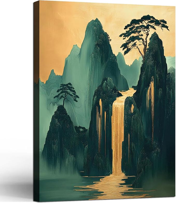 Framed Mountains Waterfall Oriental Landscape Green Gold Picture Wall Art Decor Canvas Print Modern Asian Zen Poster Gallery Bedroom Living Room Office 16x24 Inch Ready to Hang