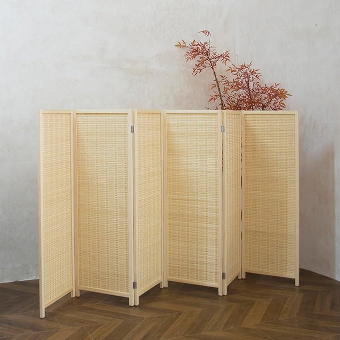 6 Panel Room Divider Short Folding Screen Divider,Double Sided Bamboo Panel Divider for Room Separation,Beige,47.2" H x 92.1" W