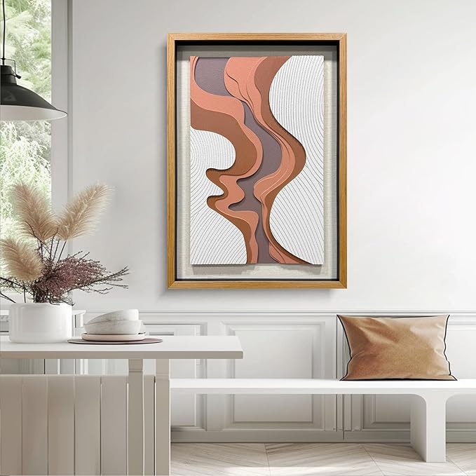 BrightA 5-Layer Wood ReliefWooden Wall Art Fluid Curves in Warm Brown & Ash Grey with Linear Grain Background, Framed in Solid Wood & Tempered Glass for Contemporary Walls 27.5"x39.4"