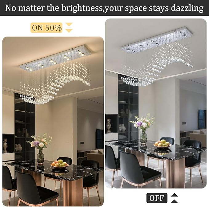 Modern Rectangle Crystal Raindrop Chandelier: 47" Long Chrome Dimmable Led High Ceiling Chandeliers with Remote - Silver Wave Raindrop Flush Mount Ceiling Light Fixture for Dining Living Room Kitchen