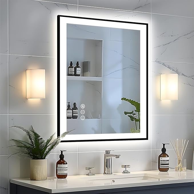 28x32 LED Bathroom Mirror - Black Aluminum Framed, Front & Backlit, Anti-Fog, Dimmable, Plugin/Hardwired
