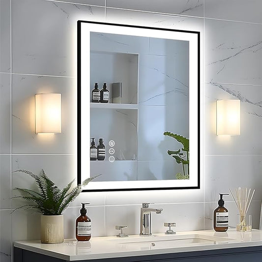 28x32 LED Bathroom Mirror - Black Aluminum Framed, Front & Backlit, Anti-Fog, Dimmable, Plugin/Hardwired