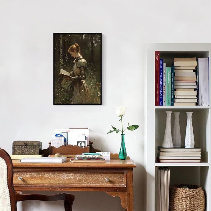 Lady Knight Reading In The Forest Wall Art, Woman Knight Oil Painting, Medieval Fantasy Poster Canvas, Dark Academia Wildflower Field Picture, Reading Wall Art for Bedroom 16x24in Framed