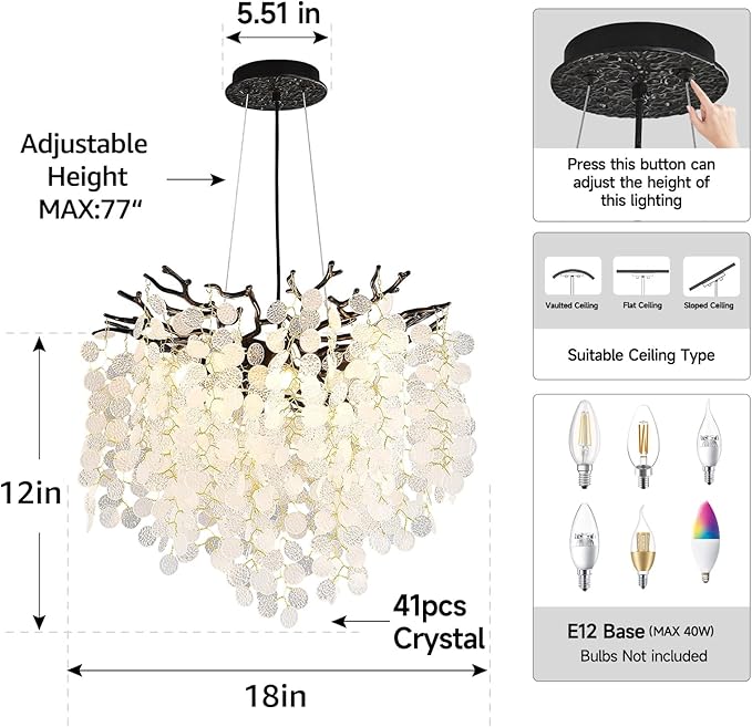 Capiz Shell Chandelier 18-Inch, Black Crystal Tree Branch Chandelier, 6-Light Coastal Light Fixture, Contemporary Entryway Chandeliers, for Dining Room Bedroom Foyer Bathroom