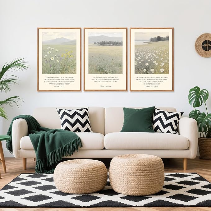 Aurlan Christian Bible Verses Scripture Framed Wall Art(24"x36"), 3PCS Boho Wildflowers Landscape Nature Canvas Artwork, Religious Luke12:27 Psalm46:10 Psalm23:1-2 Jesus Faith Gift Decor for Home Office Bedroom