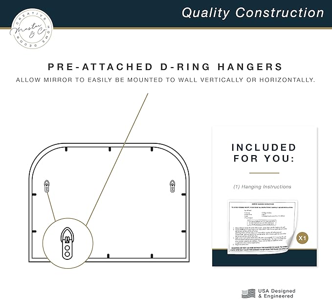 MCS Master & Co. Modern Metal Large Wall Mirror, Minimalist Home Decor Mantle Arch Mirror for Living Room, Bedroom, or Bathroom, 24 by 36 Inch, Brass