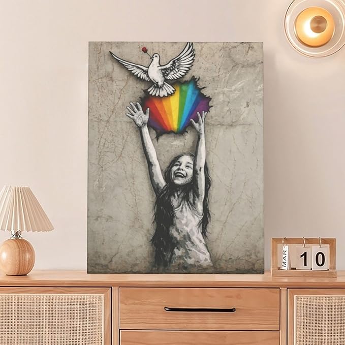 Banksy Street Graffiti Wall Art Rainbow Canvas Wall Decor Love And Peace Pictures Paintings Prints Artwork Framed Modern Decorations For Bedroom Bathroom Office Living Room Gifts 12" x 16"