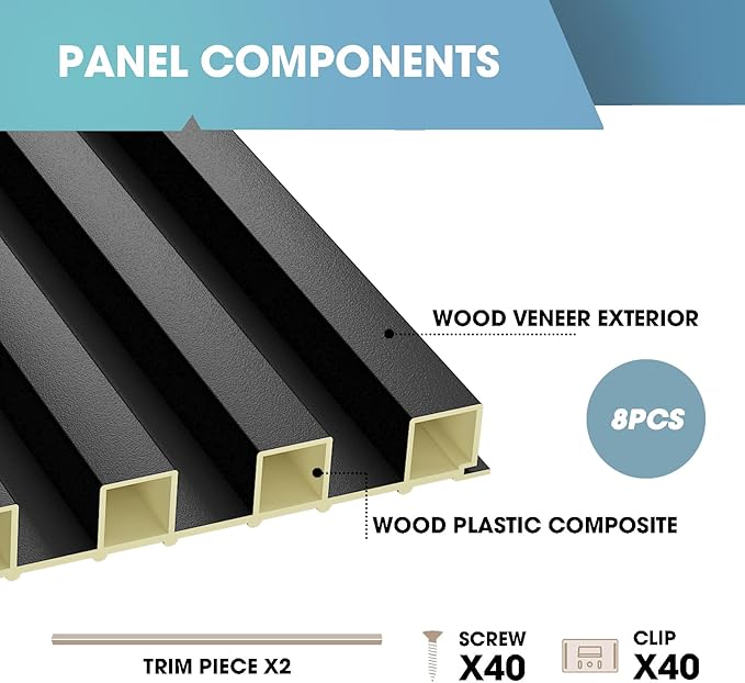 OUZUGIE WPC Acoustic Slat Wall Paneling, 8-Pack 114 x 6 Inches 3D Wall Panels for Interior Wall Decor,Living Room,TV Background,Study Room,Office Spaces,Bedroom,High Grille (Black)