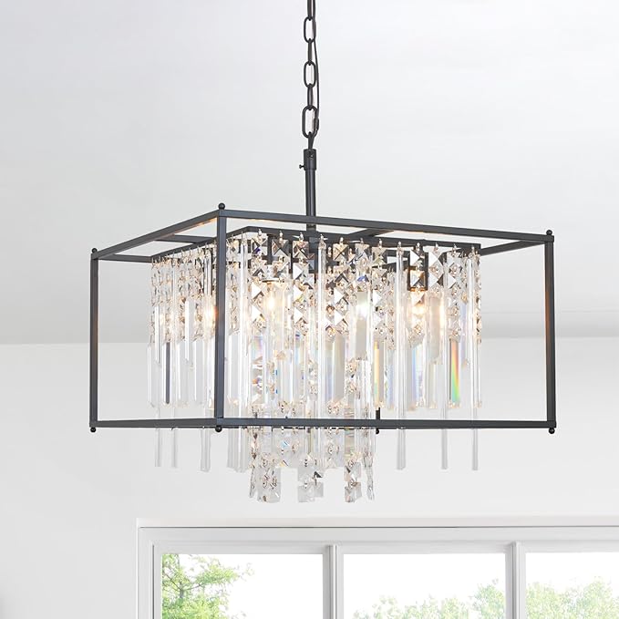 4-Lights Black Farmhouse Chandelier, 19.7 inch Industrial Crystal Chandelier Metal Pendant Light for Kitchen Island Dining Room Living Room