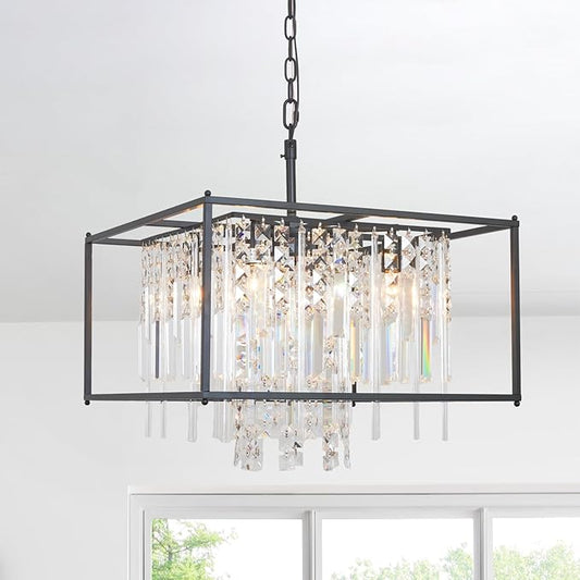 4-Lights Black Farmhouse Chandelier, 19.7 inch Industrial Crystal Chandelier Metal Pendant Light for Kitchen Island Dining Room Living Room