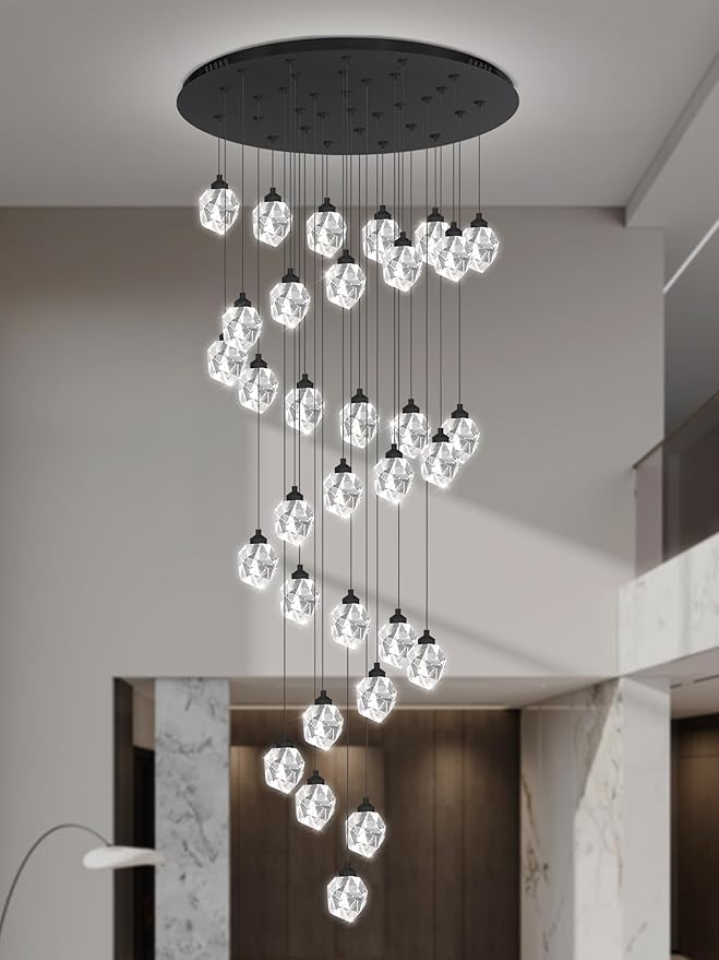 Large Black Staircase Chandelier 150 inch Long Crystal Chandelier for High Ceiling Entrance Crystal Ceiling Lighting LED Dimmable 3000-6000K 32 Light
