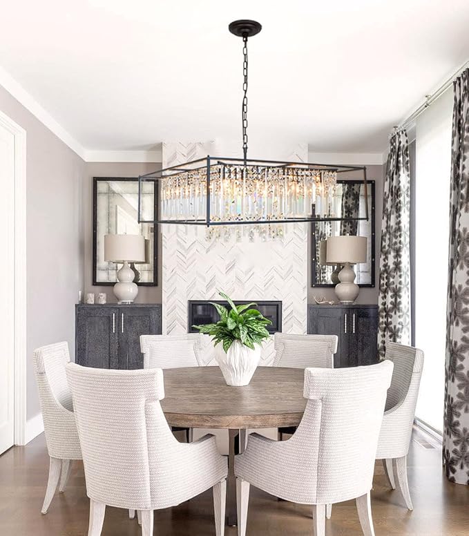 27.5 inch Modern Crystal Chandelier for Dining Room,Black Square Farmhouse Industrial Pendant 8 Lights for Kitchen Island Bar Living Room Hallway Entryway