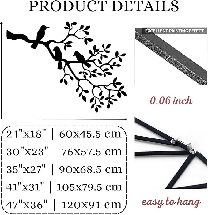 Metal Bird Wall Art, Birds on Branch, Metallic Branches, Metal Tree Branch Wall Art, Metal Wall Art Nature, Metal Wall Art, Metal Wall Decor for Living Room, Wall Hangings (24"x18" | 60x45.5 cm, Black)