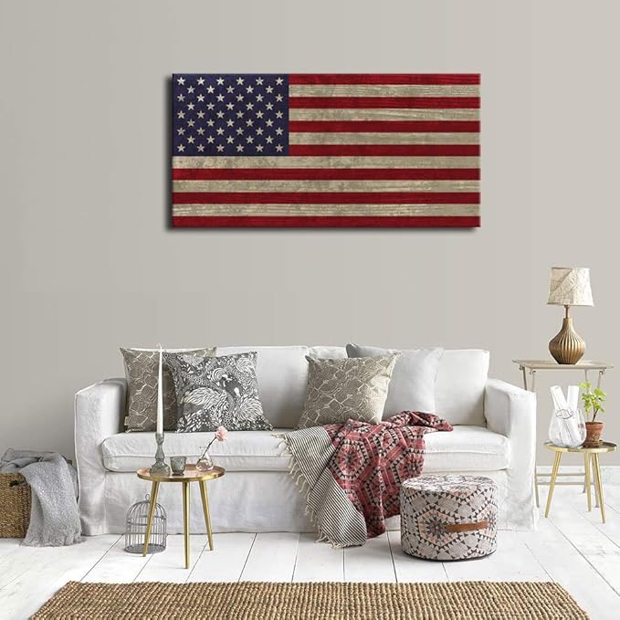 Canvas Wall Art Vintage Flag The Stars and The Stripes Contemporary Artwork Retro Rustic American National Flag Picture for Living Room Bedroom Office Wall Decor Large Canvas Painting Prints 20" x 40"