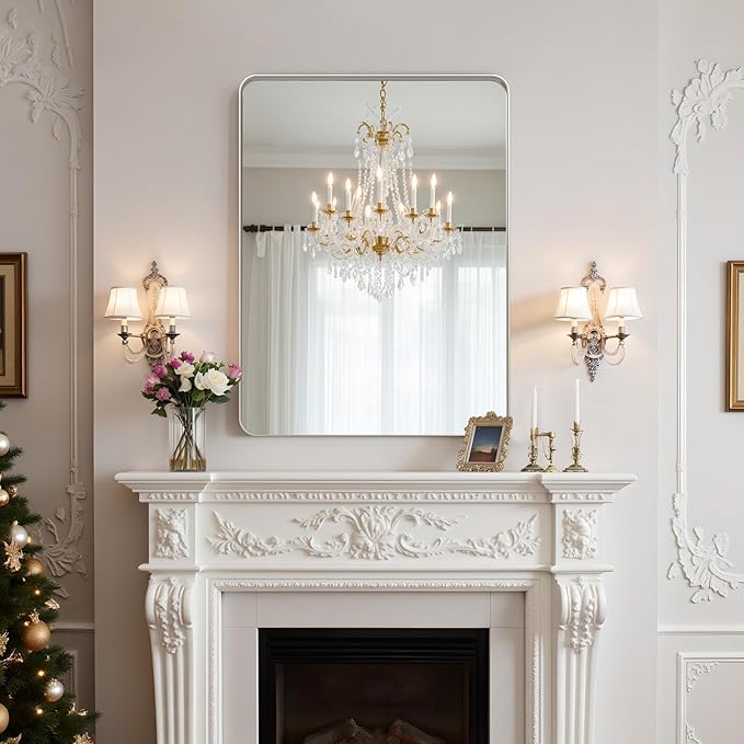 30x22"Bathroom Vanity Mirror for Wall, Aluminum Framed, Farmhouse Rectangle, Anti-Rust, HD Reflection Anti-Desilvering, Distortion Free, Tempered and Shatter-Proof Wall Mounted Mirror, Silver