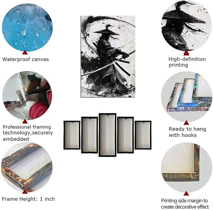 Japanese Samurai Wall Art Black and White Warrior Wall Decor Prints Vintage Japanese Cultural Samurai Pictures Canvas Painting Framed for Living Room Bathroom Bedroom Office (28''W x 44''H)