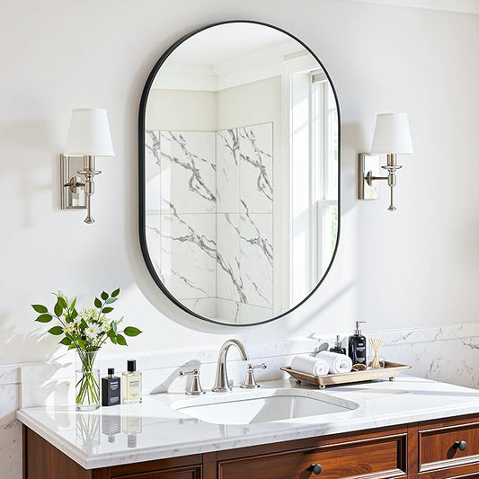 Antok Wall Mirror, 20"x30" Bathroom Vanity Mirror, Anti-Rust HD Tempered Glass, Wall Mounted Mirrors for Living Room, Entryway, Black Frame, Oval