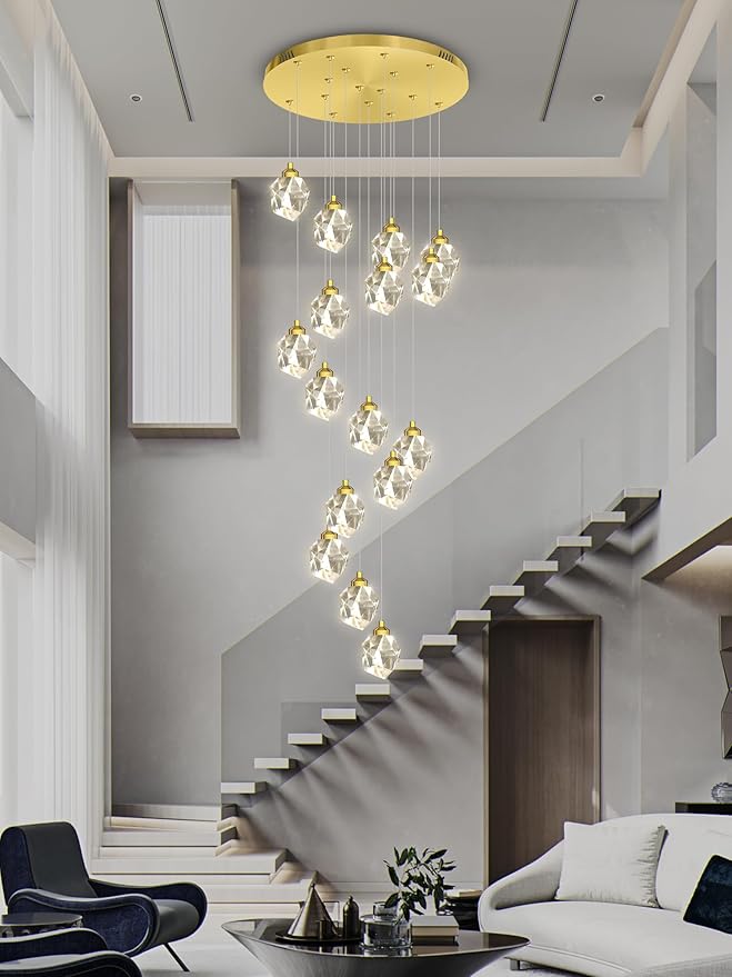 16-Lights Gold Long Spiral Staircase Crystal Chandelier 130 inch Foyer Entrance High Ceiling Chandelier Lighting LED Dimmable 3000-6000K