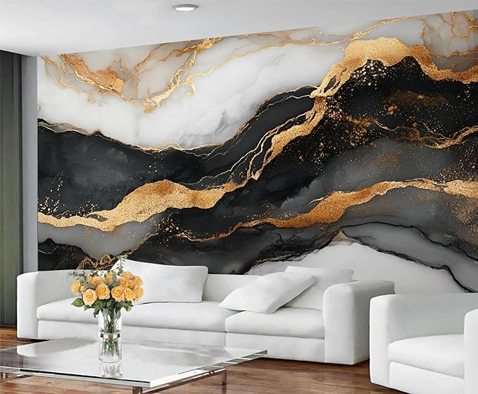 Black Gold Marble Mural Wallpaper, White Gold Marble Murals, European Light Luxury Murals, Wallpaper for Living Room Bedroom Boy Girl Room Home Decor Mural (Not Peel Stick)