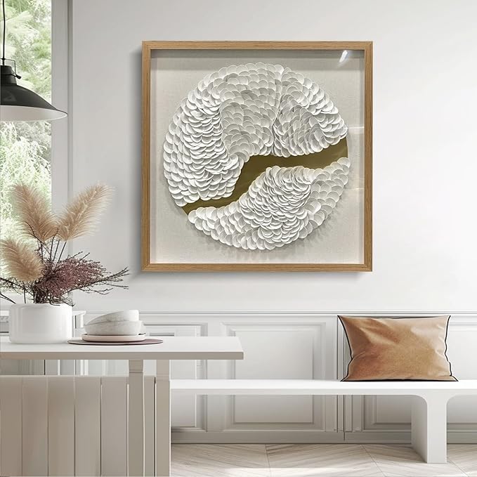 BrightA White Leather Wall Art Wall Sculpture Eclectic Decor Handcrafted Layered Texture with Wooden Shadow Frame Acrylic Protected Modern Abstract Decor for Living Room/Gallery 31.5"x31.5"