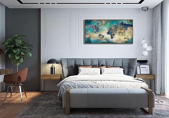 Large World Map Canvas Prints Framed Wall Art for Living Room Office 24x48 Green World Map Picture Artwork Decor for Home Decoration(With Soild Wood Dark Framed)