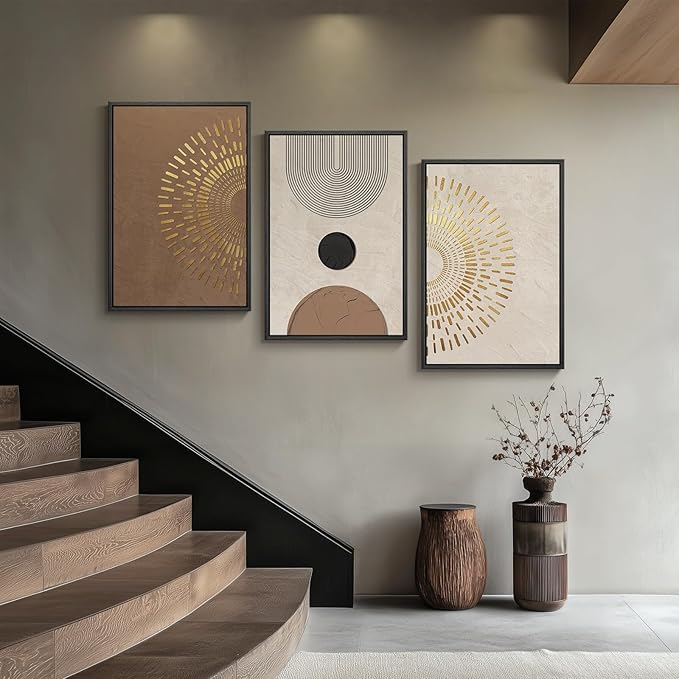 Large Framed Boho Neutral Abstract Wall Art for Living Room, 3 Piece Canvas Prints Paintings Artwork for Walls, Minimalist Brown Beige Gold Geometric Pictures for Hallway Stair Office Wall Decor 24x36