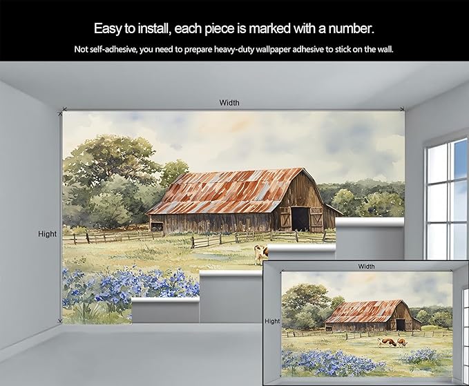 Oak Grove Mural Wallpaper, Vintage Farm Murals, Modern Watercolor Wall Art Murals Wallpaper for Living Room Bedroom Home Decor Mural - 78.7" W x 39.33" H (Not Peel Stick)