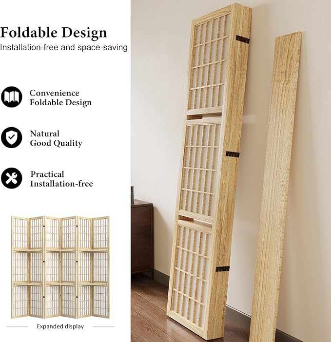 5.6FT Room Divider and Folding Portable Partition Screen, Chinese Japanese Shoji Style with Three Display Shelves for Room Separation - 6 Panel (Natural)