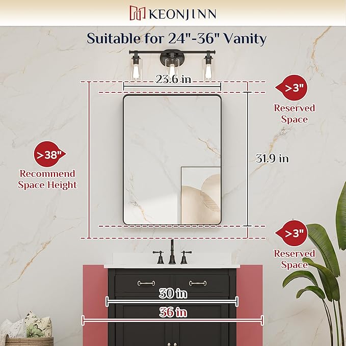 Keonjinn White Bathroom Mirror for Over Sink, 24 x 32 Inch Metal Framed Bathroom Vanity Mirrors for Wall, Rounded Corner Rectangle Farmhouse Mirror, Anti-Rust, HD Tempered Glass(Horizontal/Vertical)
