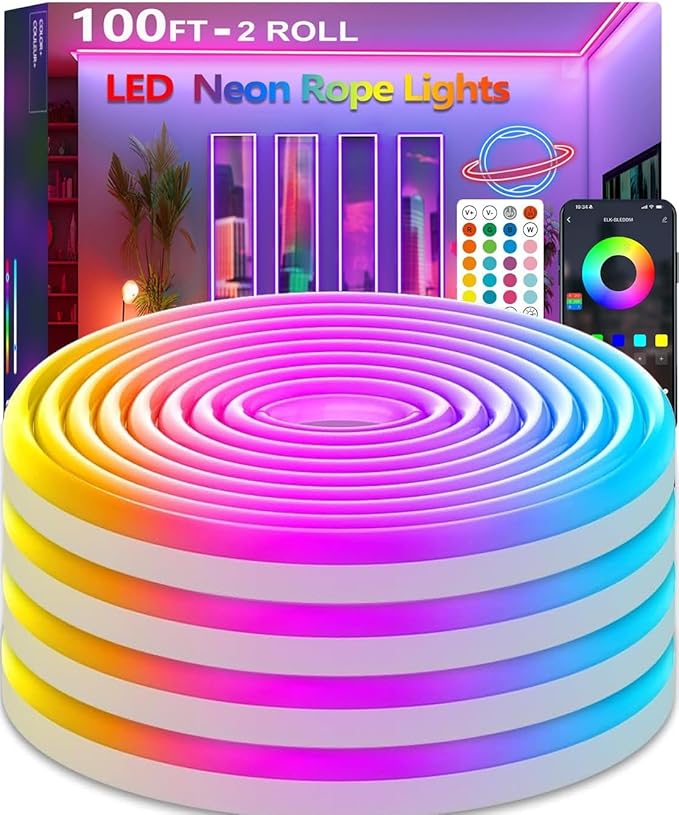 100FT Led Rope Lights,Flexible Neon Light Control with App/Remote,Multiple Modes,IP67 Outdoor Waterproof,Music Sync Strip for Bedroom