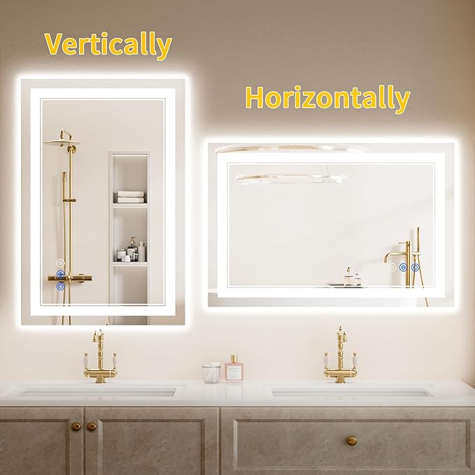 24"x30" LED Bathroom Mirror with Lights, Anti-Fog, Backlit + Front Lit, Dimmable, Led Vanity Mirror for Wall, Lighted Bathroom Mirror, 3 Colors, Shatter-Proof Tempered Glass