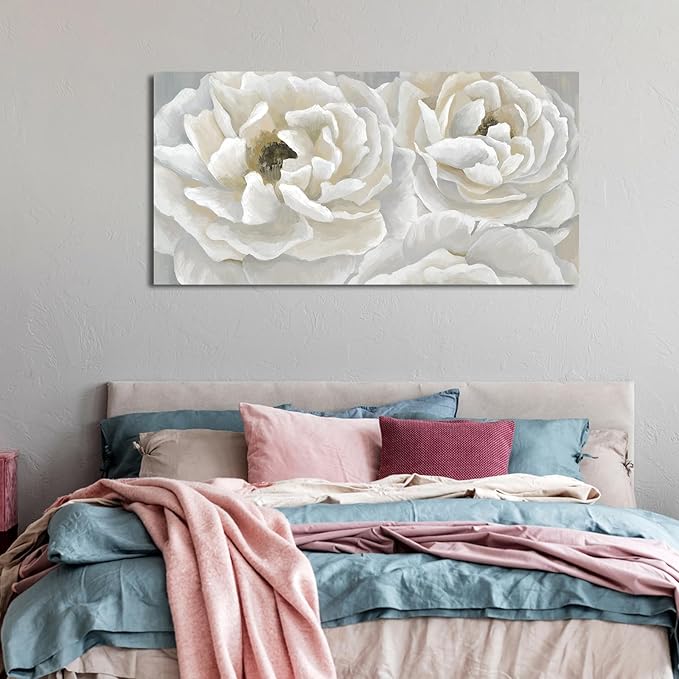 arteWOODS Cream White Flowers Wall Art - Soft Peony Pictures for Wall Decor Elegant Blossom Flower Painting Artwork Botanical Prints for Living Room Home Office Wall Decoration 24" x 48"