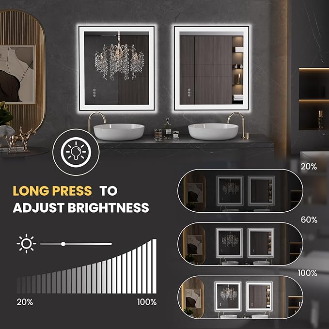 LOAAO 32"X36" LED Bathroom Mirror Black Framed, Anti-Fog, Dimmable, Lighted Bathroom Vanity Mirror for Wall, Memory Function, Tempered Glass