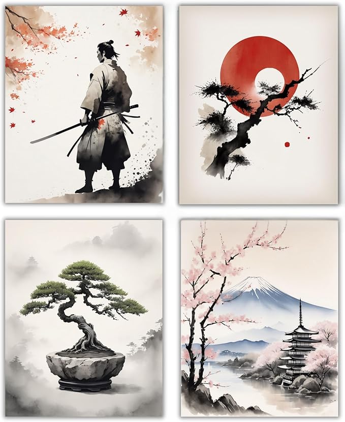 Japanese Wall Art Set of 4 – Samurai, Rising Sun, Bonsai Tree & Mount Fuji Prints – 8x10 inch Unframed, Modern Minimalist Asian Oriental Decor for Living Room