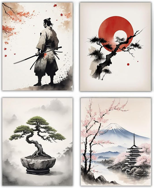 Japanese Wall Art Set of 4 – Samurai, Rising Sun, Bonsai Tree & Mount Fuji Prints – 8x10 inch Unframed, Modern Minimalist Asian Oriental Decor for Living Room