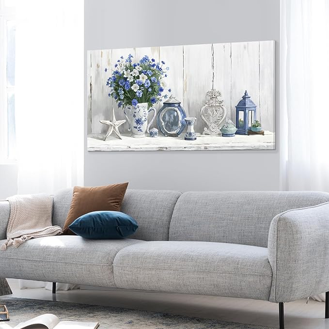 Nicetop Large Coastal Wall Art – Blue and White Floral Artwork, Rustic Farmhouse Canvas Prints with Flowers, Lantern and Ceramics Vintage Country Cottage Picture for Living Room Bedroom Kitchen 48x24 Inch