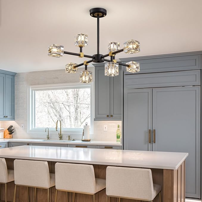 Black Sputnik Chandelier,Crystal Chandeliers with 8-Lights,Modern Semi Flush Mount Ceiling Light Fixture with Adjustable Height,Pendant Light Fixture for dining room,kitchen island,bedroom,living room