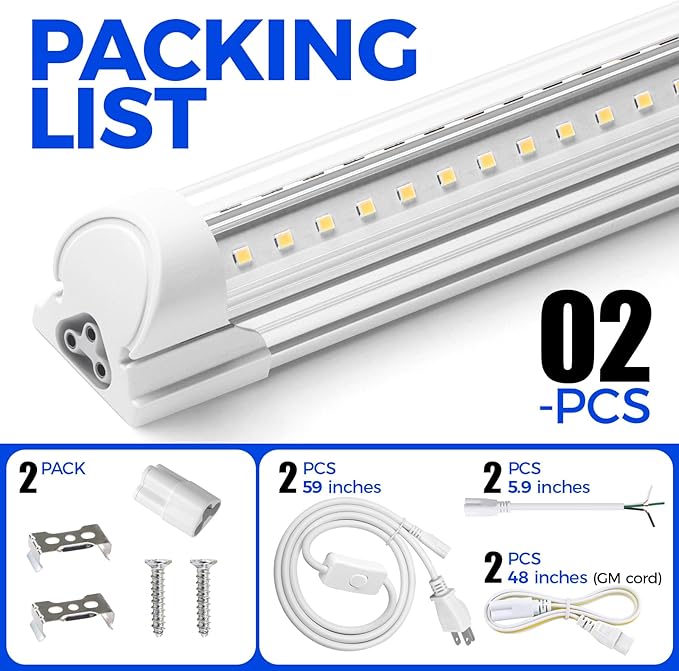 Barrina LED Shop Lights 2FT, 20W 3000LM 5000K, T8 LED Light Fixture, Clear Cover, Ceiling and Utility Shop Light, Linkable Tube Lights for Room, Garage, Workbench, Warehouse, 2 Packs
