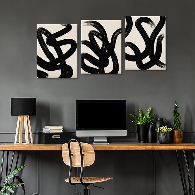 arteWOODS Wall Art Canvas Set Abstract Lines Pictures Modern Mid Century Boho Wall Decor Minimalist Abstract Black Stroke Lines Canvas Painting Artwork Living Room Bedroom Home Office 12"x16"x3
