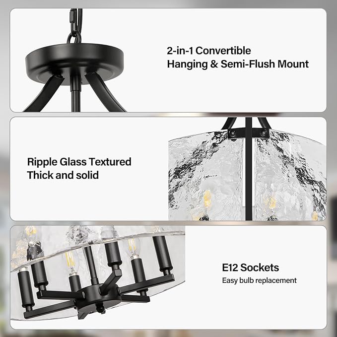 6-Light Glass Chandelier for Dining Room, 19.3'' Modern Black Foyer Chandelier Convertible Semi Flush Mount Ceiling Light, Farmhouse Pendant Lighting for Entryway Foyer Bedroom Kitchen