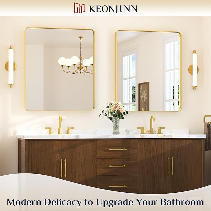 Keonjinn Gold Mirrors for Bathroom Sink, 30 x 36 Inch Rounded Rectangle Brushed Brass Mirror, Metal Framed Rectangular Wall Mirror, HD Tempered Glass Modern Decorative Mirror(Horizontal/Vertical)