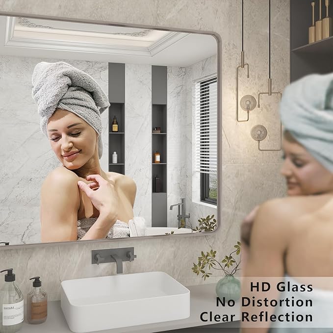 60x30 Silver Bathroom Mirror, Brushed Metal Framed Mirror for Vanity, Rounded Corner Rectangle Mirror for Wall, Anti- Rust, Shatterproof (Horizontal/Vertical)