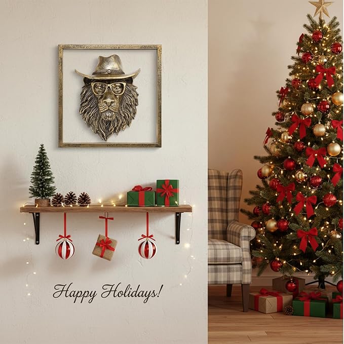 JJALIGHTS Exquisite Resin Animal Head Wall Sculpture (Gift Metal Frame) - Imitation Copper Vintage Decor for Living Room, Bedroom & Office | Decorative Wall Hanging Art (Lion)