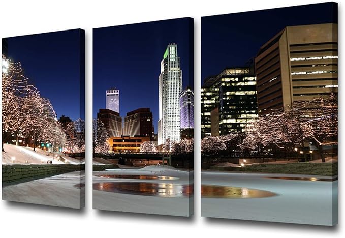 Native American Wall Art Painting - Downtown Omaha Shines With Holiday Lights on Canvas - Nebraska Cityscape Picture Print for Home Decor - 24'' x 12'' x 3 Panels/Set