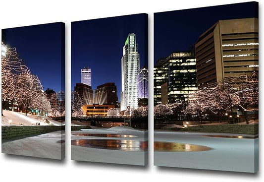 Native American Wall Art Painting - Downtown Omaha Shines With Holiday Lights on Canvas - Nebraska Cityscape Picture Print for Home Decor - 24'' x 12'' x 3 Panels/Set