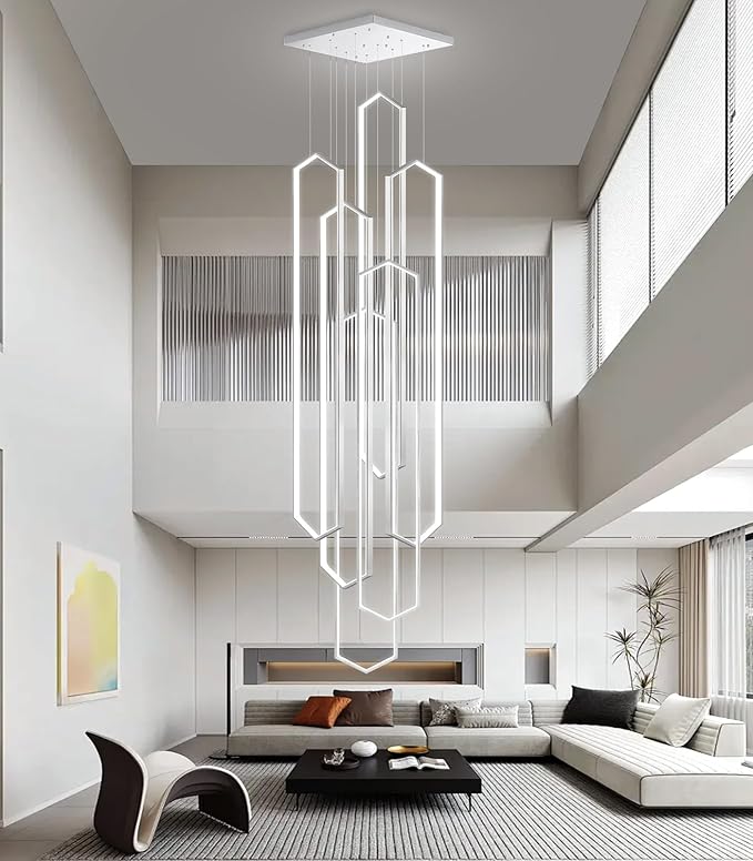 6 Rings Sliver Modern Large Chandelier Dimmable LED High Ceiling Chandelier for Living Room Foyer Modern Hanging Ceiling Light